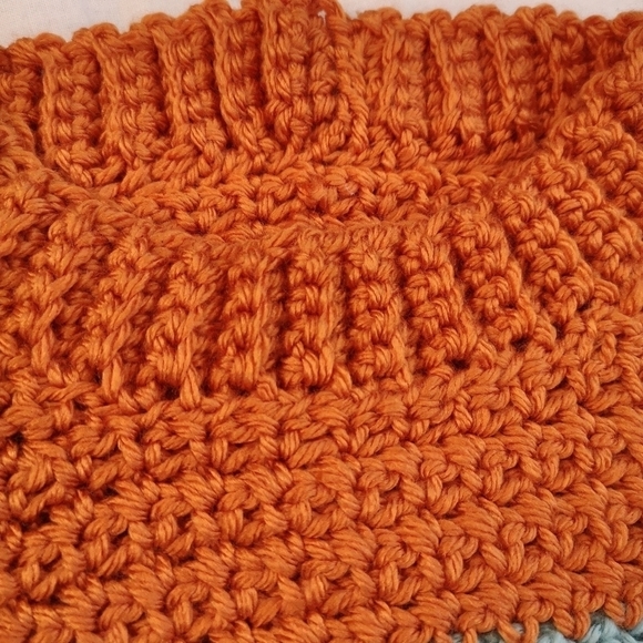 VINTAGE Handmade Orange Teal and Maroon Loose Knit Crochet Pullover Sweater - Picture 3 of 10